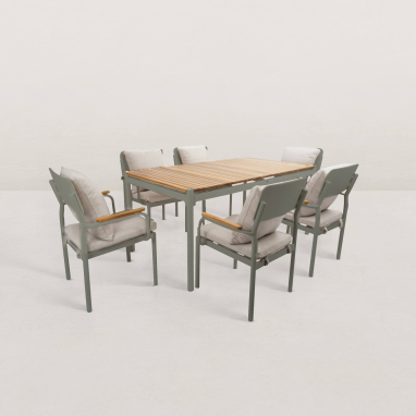 Table de jardin en aluminium et teck Jeanne + 6 fauteuils