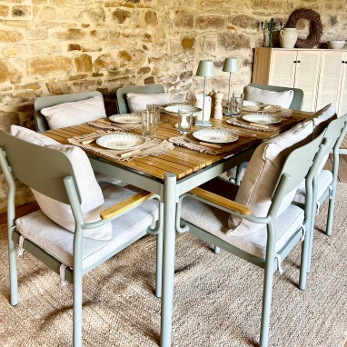 Table de jardin en aluminium et teck Jeanne + 6 fauteuils - Gris argile