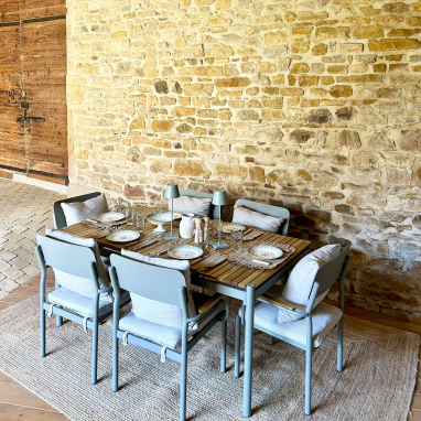 Table de jardin en aluminium et teck Jeanne + 6 fauteuils - Gris argile